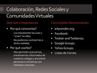 Colaboración, Redes Sociales y
Comunidades Virtuales
Qué son e importancia               Comunidades Recomendadas

 Por qué conocerlas?                eAprender.org.
   Los estudiantes las usan y       Facebook.
    “viven” en ellas.
   No podemos sustraernos a
                                     Twitter and Twitteroo.
    dicha realidad.                  Google Groups.
 Por qué usarlas?                   Yahoo Groups.
   Nos permiten acercarnos,         Listas de Correo.
     mantenernos informados de
     nuestros colegas y encontrar
     personas e iniciativas con
     intereses comunes.
 
