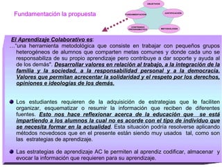 El Aprendizaje Colaborativo es : …“ una herramienta metodológica que consiste en trabajar con pequeños grupos heterogéneos de alumnos que comparten metas comunes y donde cada uno se responsabiliza de su propio aprendizaje pero contribuye a dar soporte y ayuda al de los demás".  Desarrollar valores en relación al trabajo, a la integración de la familia y la sociedad, a la responsabilidad personal y a la democracia. Valores que permitan acrecentar la solidaridad y el respeto por los derechos, opiniones e ideologías de los demás. Los estudiantes requieren de la adquisición de estrategias que le faciliten organizar, esquematizar o resumir la información que reciben de diferentes fuentes.  Esto nos hace reflexionar acerca de la educación que  se está impartiendo a los alumnos la cual no es acorde con el tipo de individuo que se necesita formar en la actualidad . Esta situación podría resolverse aplicando métodos novedosos que en el presente están siendo muy usados  tal, como son las  estrategias de aprendizaje. Las estrategias de aprendizaje AC le permiten al aprendiz codificar, almacenar  y evocar la información que requieren para su aprendizaje.  Fundamentación la propuesta 