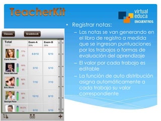• Registrar notas:
– Las notas se van generando en
el libro de registro a medida
que se ingresan puntuaciones
por los trabajos o formas de
evaluación del aprendizaje
– El valor por cada trabajo es
editable
– La función de auto distribución
asigna automáticamente a
cada trabajo su valor
correspondiente

 