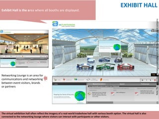 EXHIBIT HALL
Exhibit Hall is the area where all booths are displayed.




                                                                                                                                           Note: The virtual event design is inspired by one of the leading virtual event company.
Networking Lounge is an area for
communications and networking
between event visitors, brands
or partners




The virtual exhibition hall often reflect the imagery of a real-world tradeshow hall with various booth option. The virtual hall is also
connected to the networking lounge where visitors can interact with participants or other visitors.
 