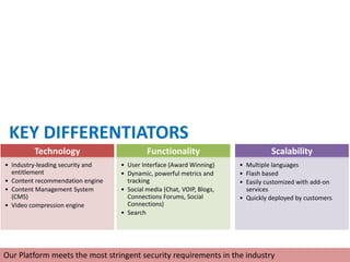 KEY DIFFERENTIATORS
         Technology                        Functionality                         Scalability
• Industry-leading security and   • User Interface (Award Winning)     • Multiple languages
  entitlement                     • Dynamic, powerful metrics and      • Flash based
• Content recommendation engine     tracking                           • Easily customized with add-on
• Content Management System       • Social media (Chat, VOIP, Blogs,     services
  (CMS)                             Connections Forums, Social         • Quickly deployed by customers
• Video compression engine          Connections)
                                  • Search




Our Platform meets the most stringent security requirements in the industry
 