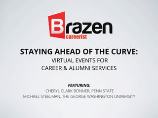 STAYING AHEAD OF THE CURVE:
VIRTUAL EVENTS FOR
CAREER & ALUMNI SERVICES

FEATURING:
CHERYL CLARK BONNER, PENN STATE
MICHAEL STEELMAN, THE GEORGE WASHINGTON UNIVERSITY

 