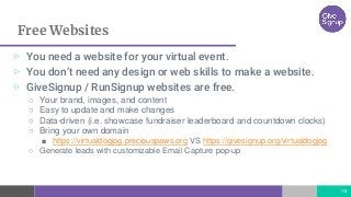 Free Websites
▷ You need a website for your virtual event.
▷ You don’t need any design or web skills to make a website.
▷ GiveSignup / RunSignup websites are free.
○ Your brand, images, and content
○ Easy to update and make changes
○ Data-driven (i.e. showcase fundraiser leaderboard and countdown clocks)
○ Bring your own domain
■ https://virtualdogjog.preciouspaws.org VS https://givesignup.org/virtualdogjog
○ Generate leads with customizable Email Capture pop-up
16
 