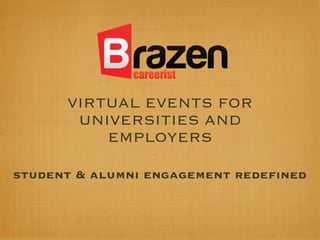 VIRTUAL EVENTS FOR
UNIVERSITIES AND
EMPLOYERS
student & alumni engagement redefined
 