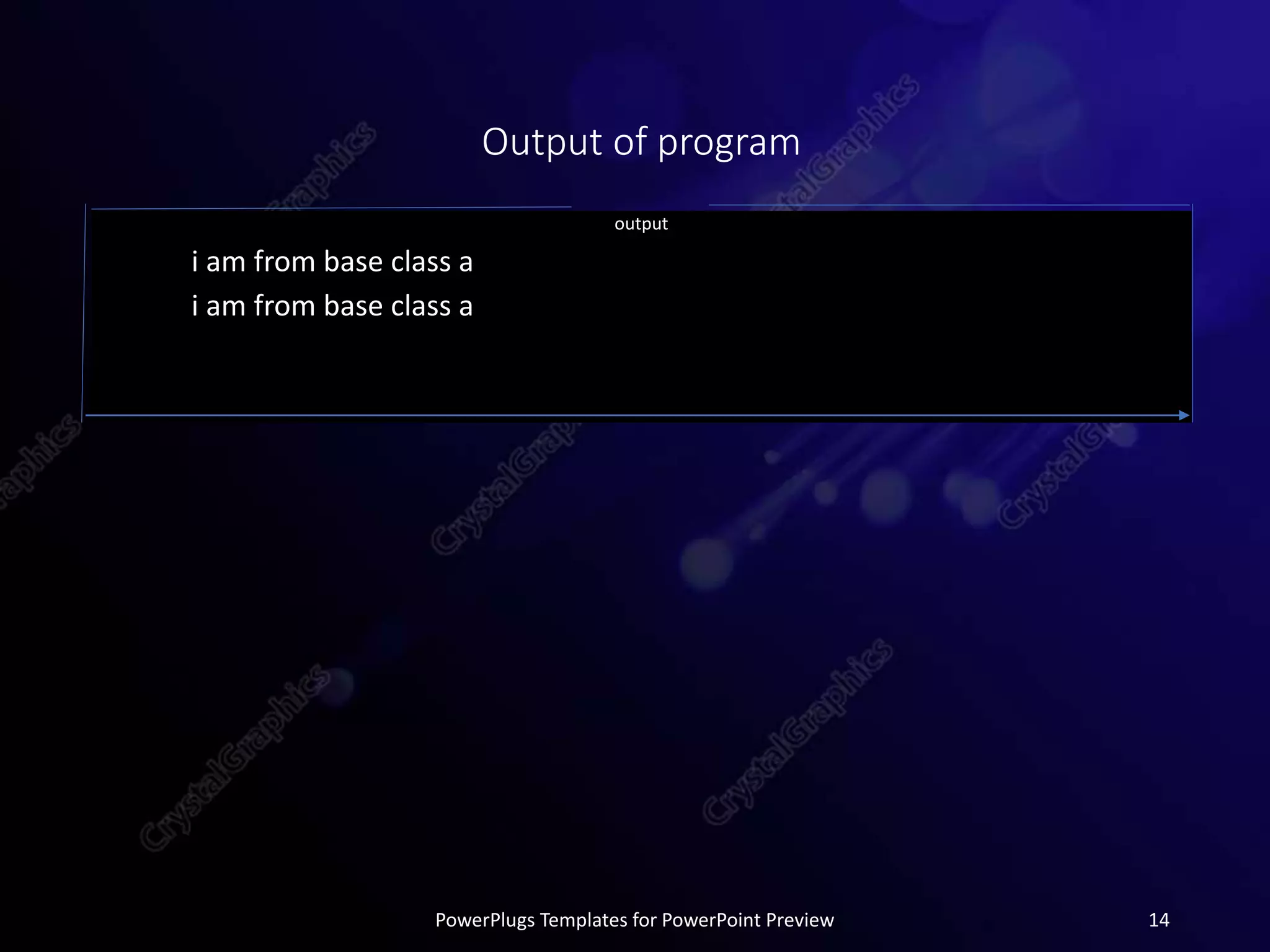 Output of program
output
i am from base class a
i am from base class a
PowerPlugs Templates for PowerPoint Preview 14
 