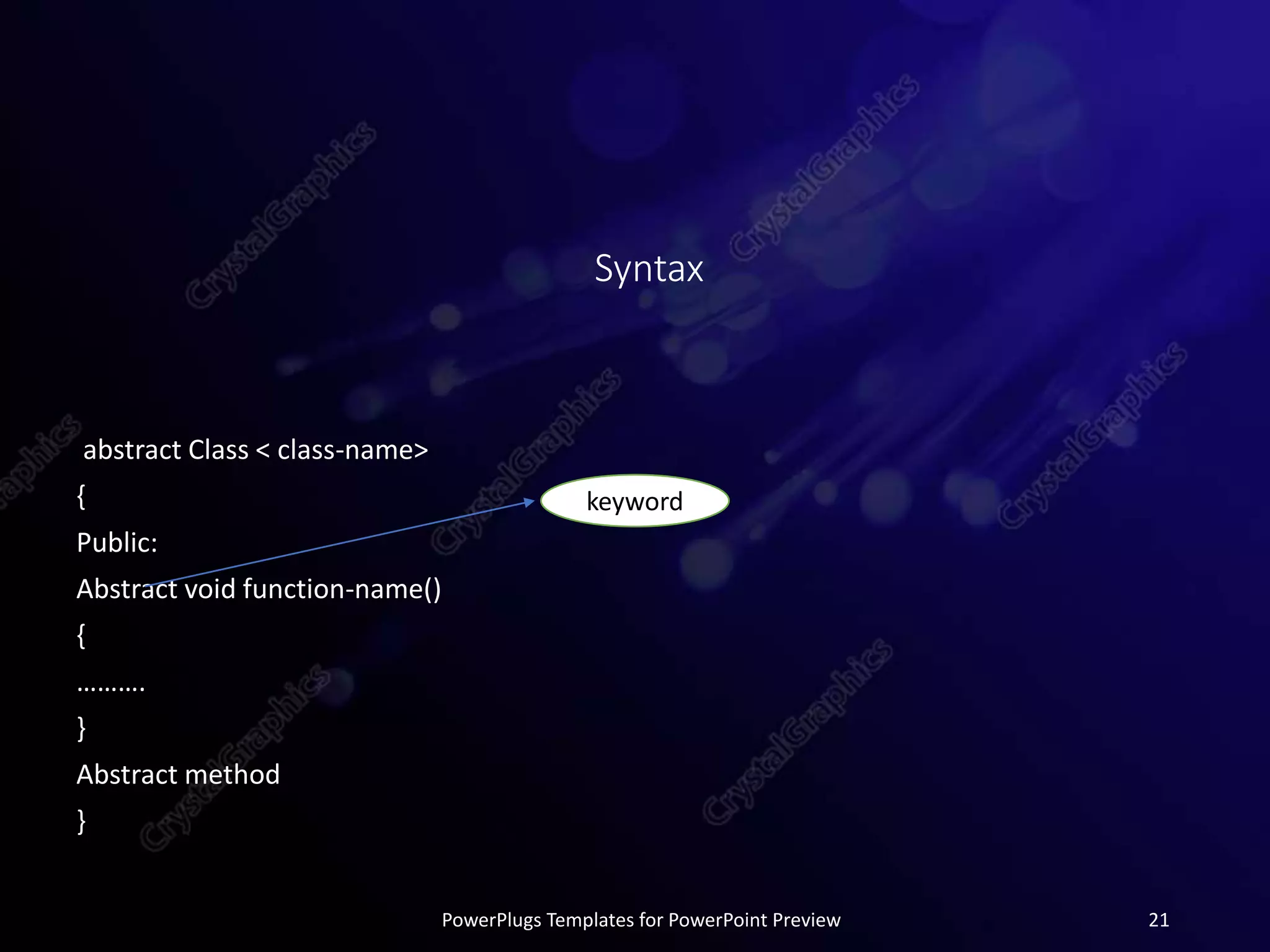 Syntax
abstract Class < class-name>
{
Public:
Abstract void function-name()
{
……….
}
Abstract method
}
PowerPlugs Templates for PowerPoint Preview 21
keyword
 