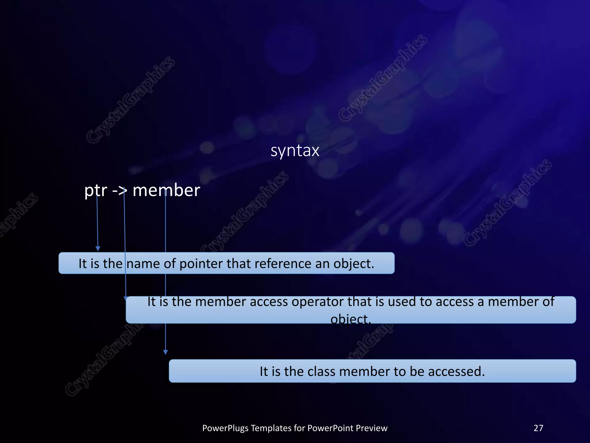 syntax
ptr -> member
PowerPlugs Templates for PowerPoint Preview 27
It is the name of pointer that reference an object.
It is the member access operator that is used to access a member of
object.
It is the class member to be accessed.
 