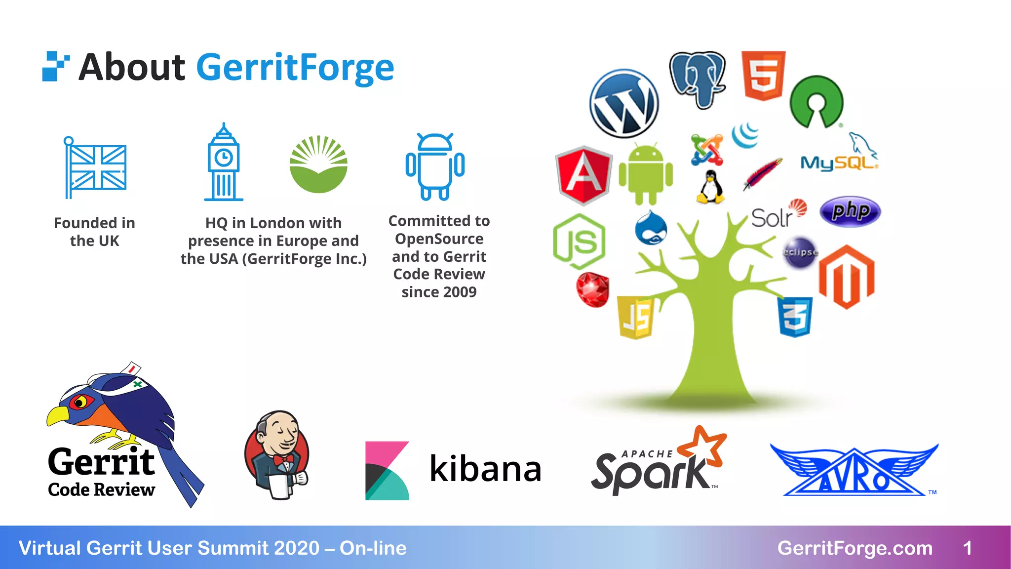 1Virtual Gerrit User Summit 2020 – On-line GerritForge.com 1
About GerritForge
Founded in
the UK
HQ in London with
presence in Europe and
the USA (GerritForge Inc.)
Committed to
OpenSource
and to Gerrit
Code Review
since 2009
 