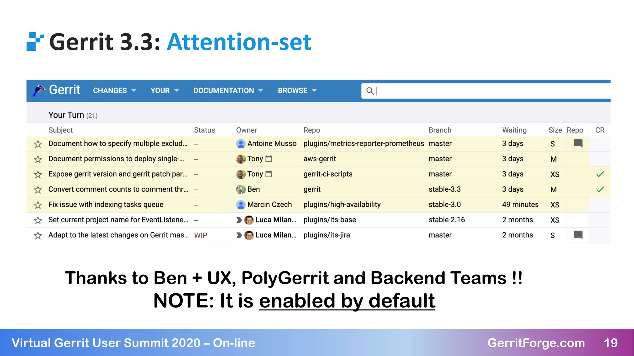19Virtual Gerrit User Summit 2020 – On-line GerritForge.com 19
Gerrit 3.3: Attention-set
Thanks to Ben + UX, PolyGerrit and Backend Teams !!
NOTE: It is enabled by default
 