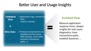 9
Better User and Usage Insights
( Protocol conversations on
database performance,
DNS lookups, client data,
business transaction
paths…)
Measure application
response times, deeper
insights for root-cause
diagnostics, trace
transactions paths,
establish baselines …
Enriched View
Wire Data
+
Contextual
Data
( Application logs, monitoring
data,
metrics, events)
 
