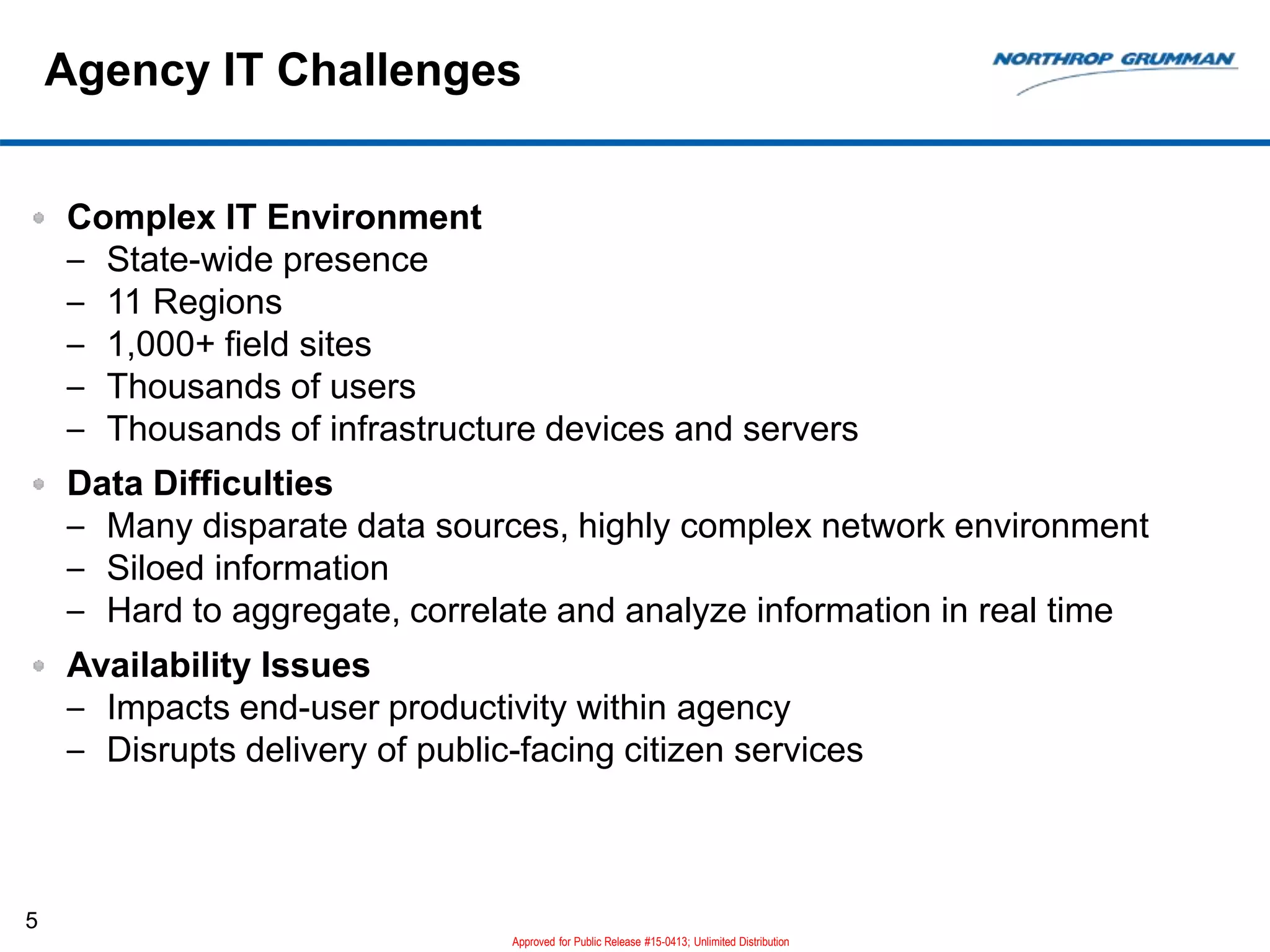 Agency IT Challenges
5
Complex IT Environment
– State-wide presence
– 11 Regions
– 1,000+ field sites
– Thousands of users
– Thousands of infrastructure devices and servers
Data Difficulties
– Many disparate data sources, highly complex network environment
– Siloed information
– Hard to aggregate, correlate and analyze information in real time
Availability Issues
– Impacts end-user productivity within agency
– Disrupts delivery of public-facing citizen services
Approved for Public Release #15-0413; Unlimited Distribution
 