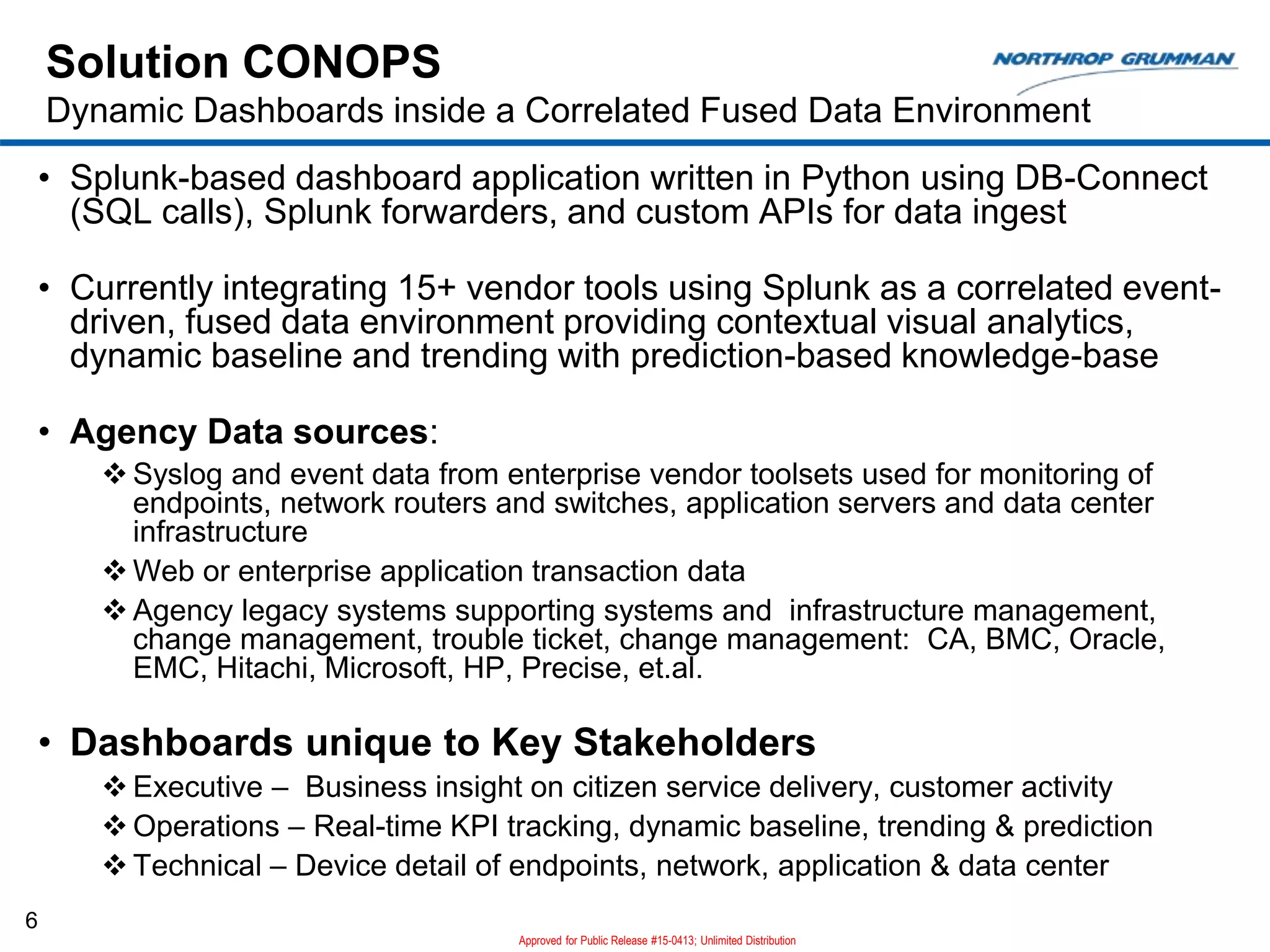 Solution CONOPS
Dynamic Dashboards inside a Correlated Fused Data Environment
6
• Splunk-based dashboard application written in Python using DB-Connect
(SQL calls), Splunk forwarders, and custom APIs for data ingest
• Currently integrating 15+ vendor tools using Splunk as a correlated event-
driven, fused data environment providing contextual visual analytics,
dynamic baseline and trending with prediction-based knowledge-base
• Agency Data sources:
 Syslog and event data from enterprise vendor toolsets used for monitoring of
endpoints, network routers and switches, application servers and data center
infrastructure
 Web or enterprise application transaction data
 Agency legacy systems supporting systems and infrastructure management,
change management, trouble ticket, change management: CA, BMC, Oracle,
EMC, Hitachi, Microsoft, HP, Precise, et.al.
• Dashboards unique to Key Stakeholders
 Executive – Business insight on citizen service delivery, customer activity
 Operations – Real-time KPI tracking, dynamic baseline, trending & prediction
 Technical – Device detail of endpoints, network, application & data center
Approved for Public Release #15-0413; Unlimited Distribution
 