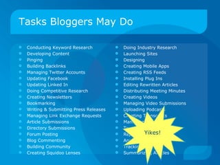 Tasks Bloggers May Do Conducting Keyword Research Developing Content Pinging Building Backlinks Managing Twitter Accounts Updating Facebook Updating Linked In Doing Competitive Research Creating Newsletters Bookmarking Writing & Submitting Press Releases Managing Link Exchange Requests Article Submissions Directory Submissions Forum Posting Blog Commenting Building Community Creating Squidoo Lenses Doing Industry Research Launching Sites Designing Creating Mobile Apps Creating RSS Feeds Installing Plug Ins Editing Rewritten Articles Distributing Meeting Minutes Creating Videos Managing Video Submissions Uploading Podcasts Creating Transcripts Managing Databases Tracking  Reporting Analysis Tracking Trends Summarizing Articles Yikes! 