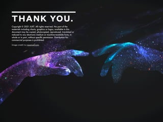 THANK YOU.
Copyright © 2021 JUXT. All rights reserved. No part of the
materials including charts, graphics or logos, available in this
document may be copied, photocopied, reproduced, translated or
reduced to any electronic medium or machine-readable form, in
whole or in part, without speci
fi
c permission. Distribution for
commercial purposes is prohibited.
Image credit to rawpixel.com
 