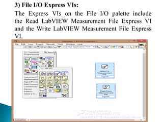3) File I/O Express VIs:
The Express VIs on the File I/O palette include
the Read LabVIEW Measurement File Express VI
and the Write LabVIEW Measurement File Express
VI.
 