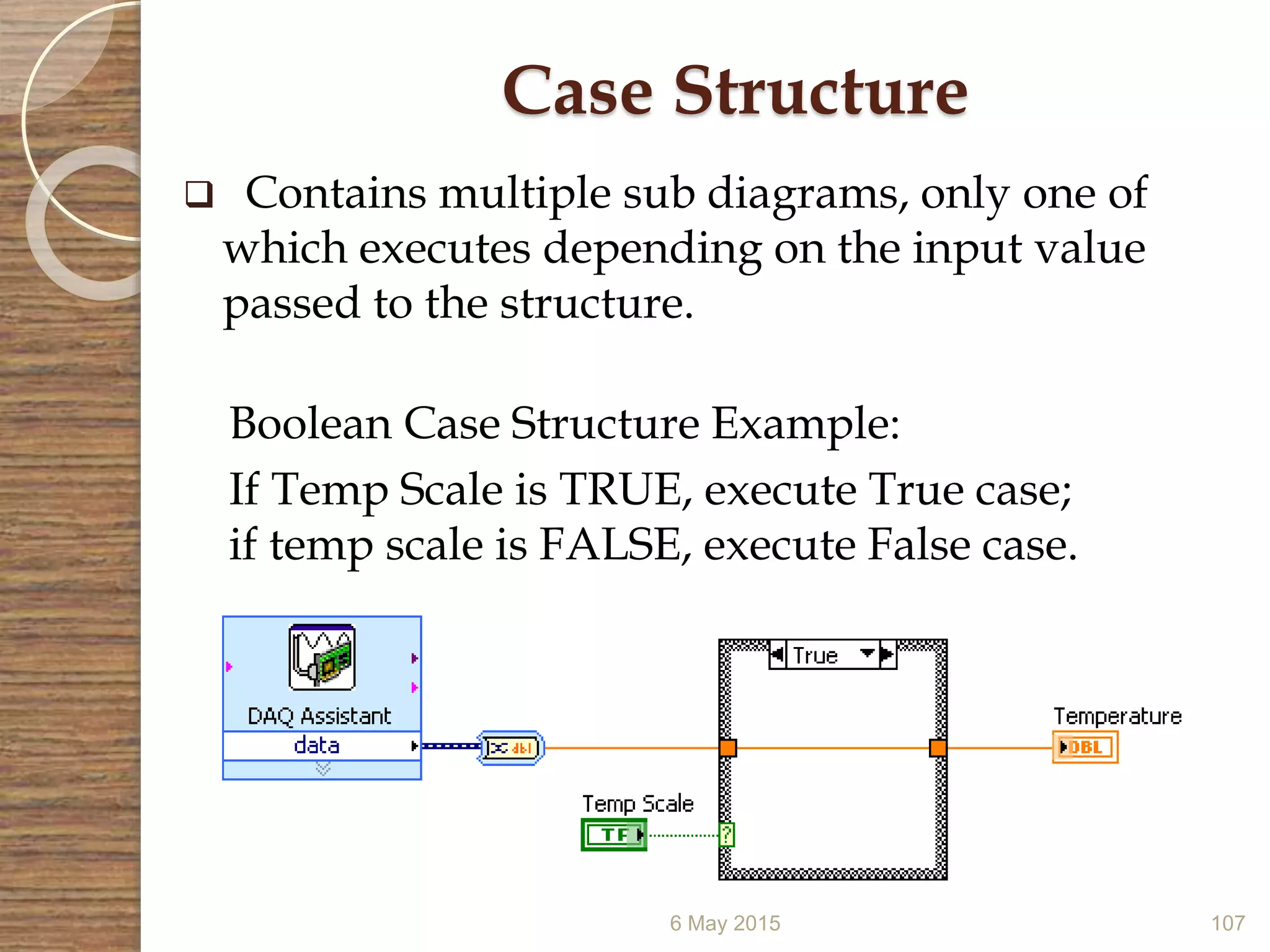 6 May 2015 107
Case Structure
 Contains multiple sub diagrams, only one of
which executes depending on the input value
passed to the structure.
Boolean Case Structure Example:
If Temp Scale is TRUE, execute True case;
if temp scale is FALSE, execute False case.
 