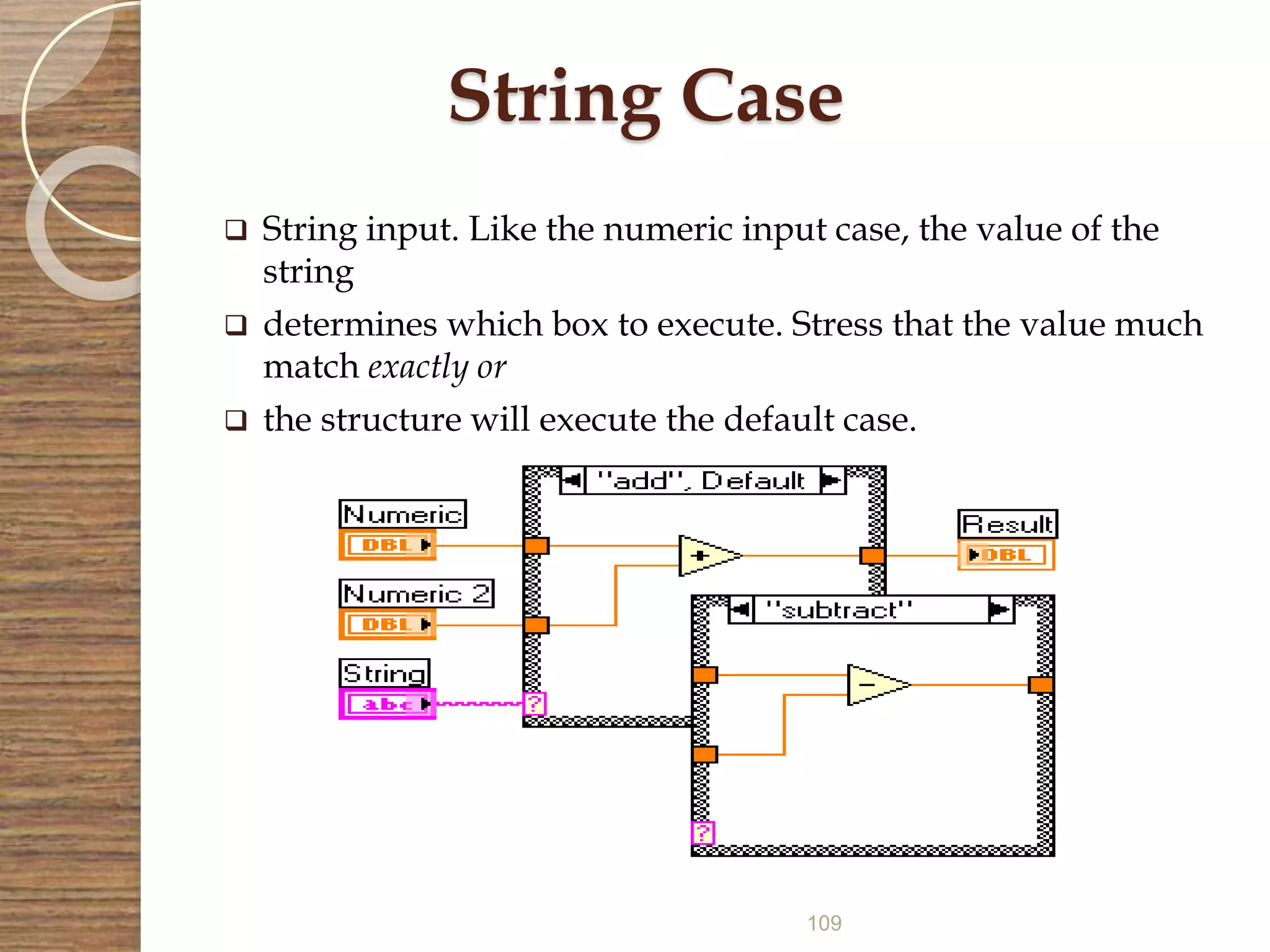 109
String Case
 String input. Like the numeric input case, the value of the
string
 determines which box to execute. Stress that the value much
match exactly or
 the structure will execute the default case.
 