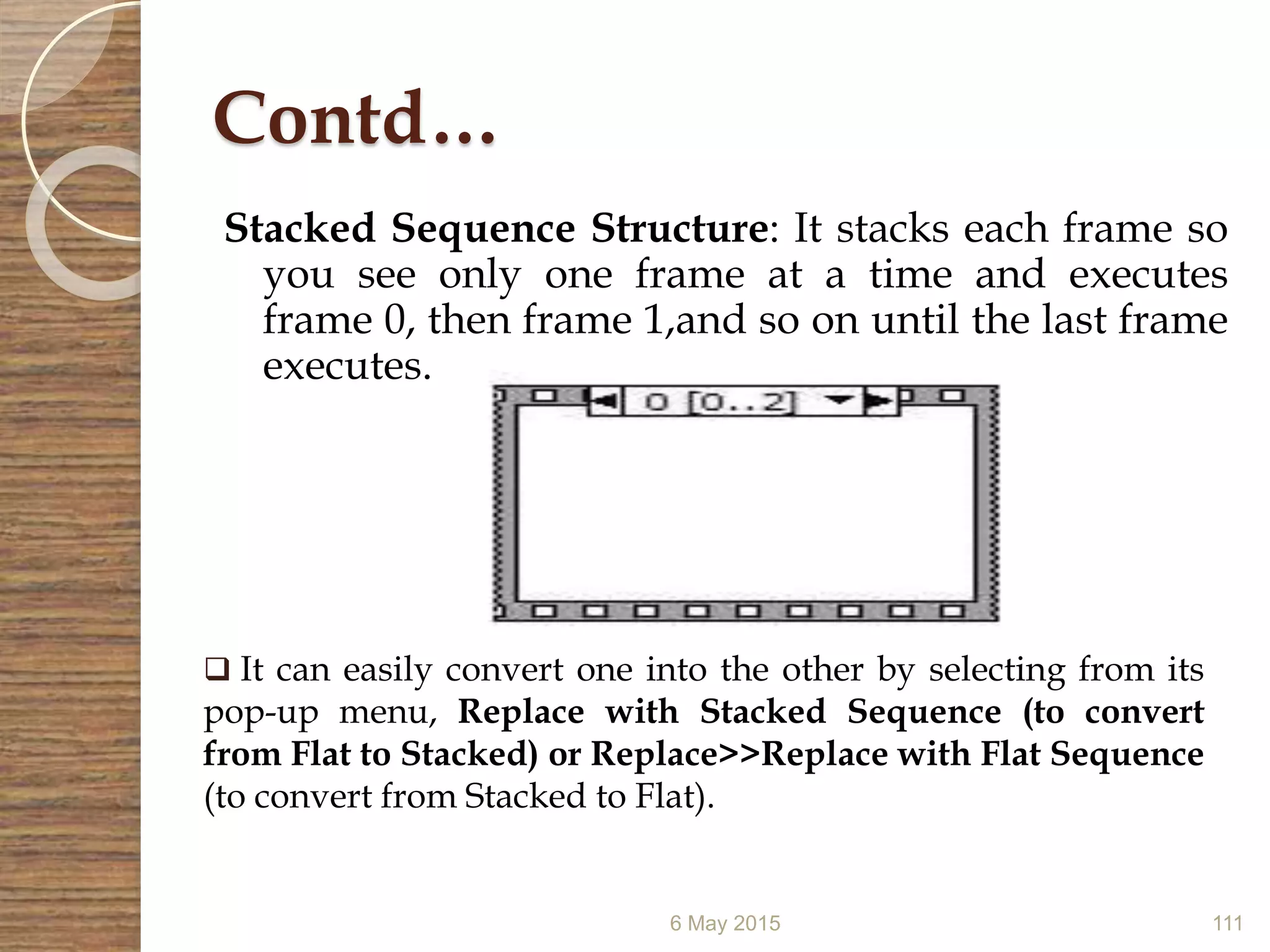 Contd…
Stacked Sequence Structure: It stacks each frame so
you see only one frame at a time and executes
frame 0, then frame 1,and so on until the last frame
executes.
6 May 2015 111
 It can easily convert one into the other by selecting from its
pop-up menu, Replace with Stacked Sequence (to convert
from Flat to Stacked) or Replace>>Replace with Flat Sequence
(to convert from Stacked to Flat).
 