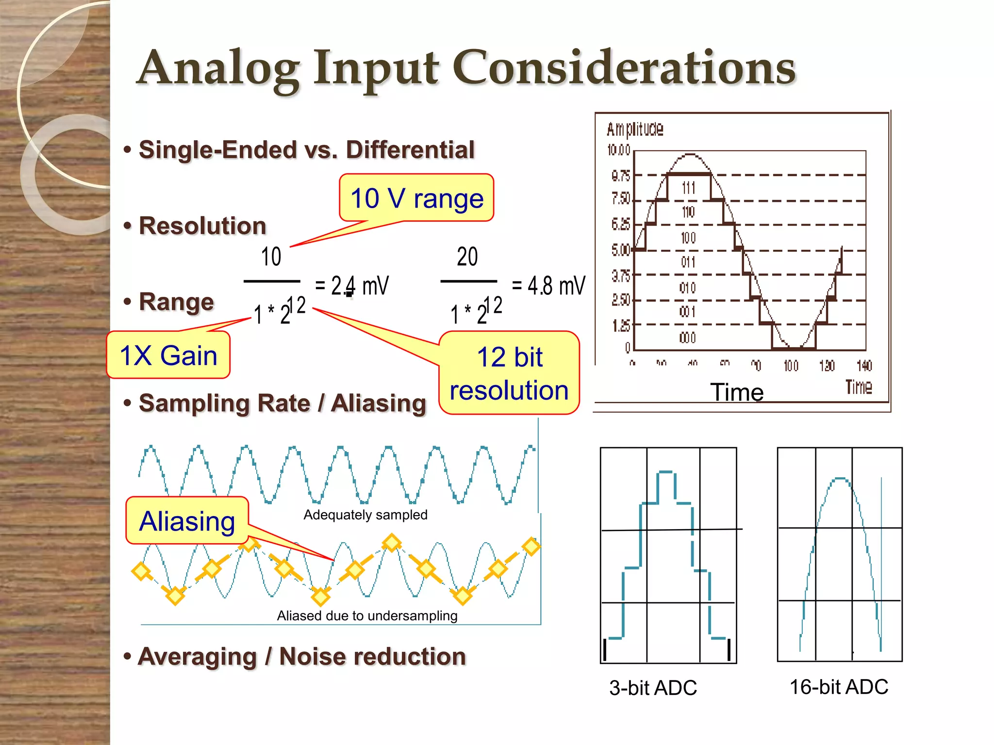 Analog Input Considerations
• Single-Ended vs. Differential
• Resolution
• Range
• Sampling Rate / Aliasing
• Averaging / Noise reduction
10
1 * 212
= 2.4 mV
20
1 * 212
= 4.8 mV
Adequately sampled
Aliased due to undersampling
8
3-bit ADC 16-bit ADC
Time
.
10 V range
12 bit
resolution
1X Gain
Aliasing
.
 