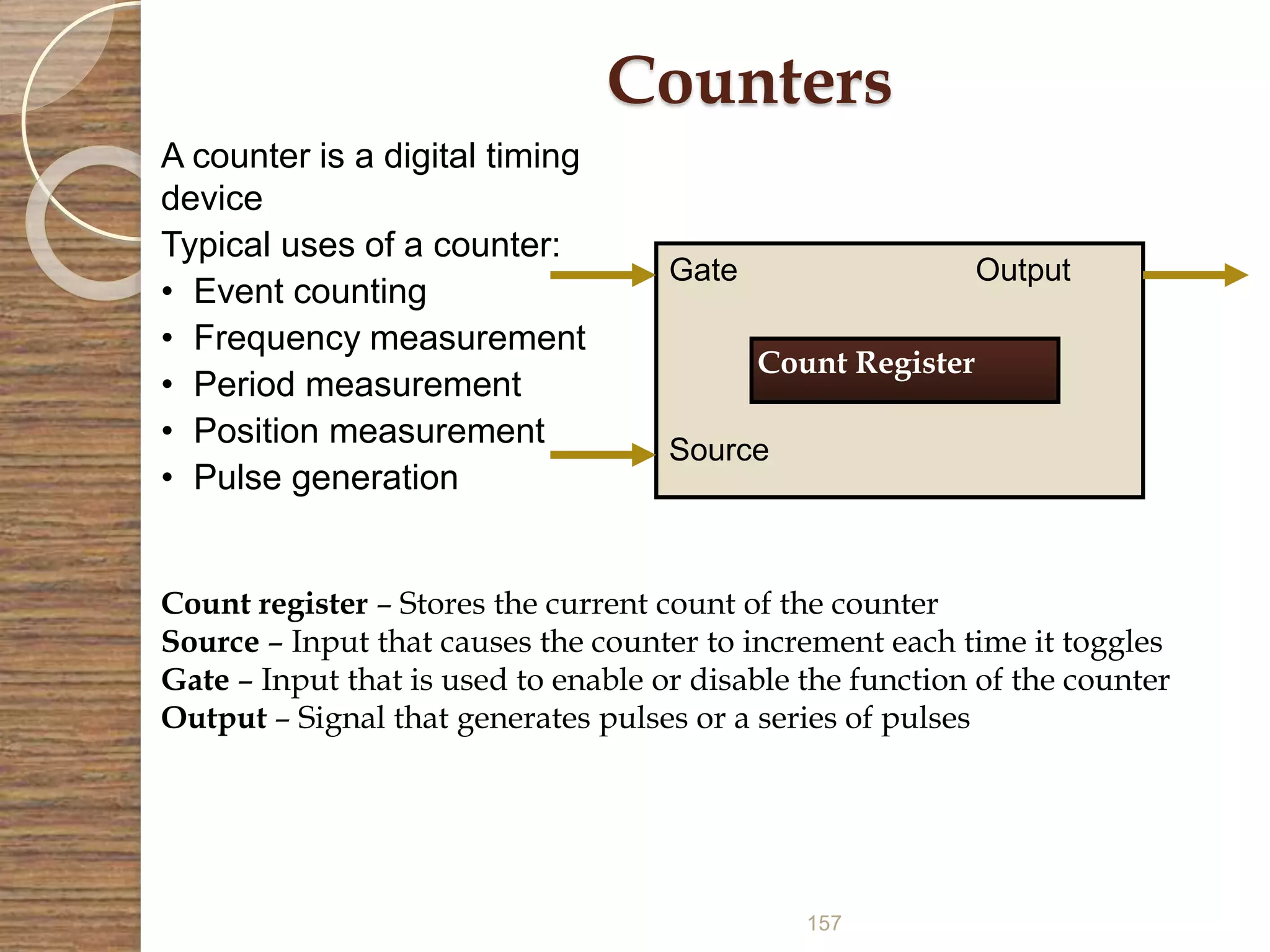157
Counters
A counter is a digital timing
device
Typical uses of a counter:
• Event counting
• Frequency measurement
• Period measurement
• Position measurement
• Pulse generation
Gate
Source
Output
Count Register
Count register – Stores the current count of the counter
Source – Input that causes the counter to increment each time it toggles
Gate – Input that is used to enable or disable the function of the counter
Output – Signal that generates pulses or a series of pulses
 