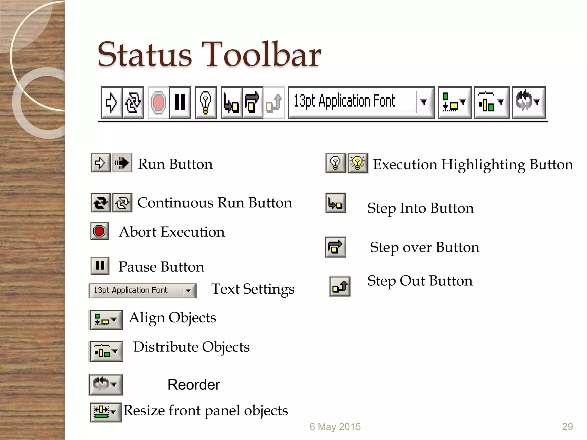 Status Toolbar
6 May 2015 29
Run Button
Continuous Run Button
Abort Execution
Pause Button
Text Settings
Align Objects
Distribute Objects
Reorder
Resize front panel objects
Execution Highlighting Button
Step Into Button
Step over Button
Step Out Button
 