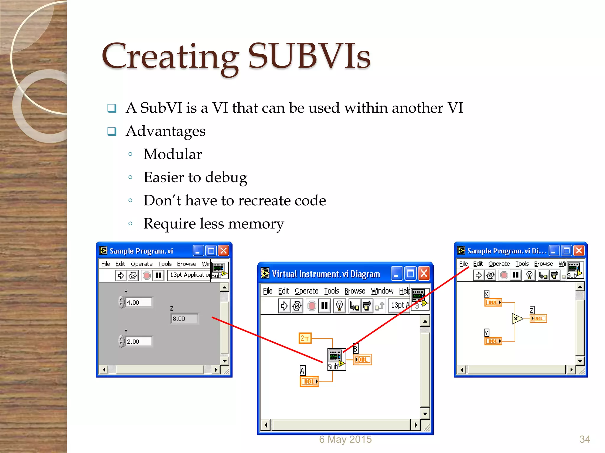 Creating SUBVIs
 A SubVI is a VI that can be used within another VI
 Advantages
◦ Modular
◦ Easier to debug
◦ Don’t have to recreate code
◦ Require less memory
6 May 2015 34
 