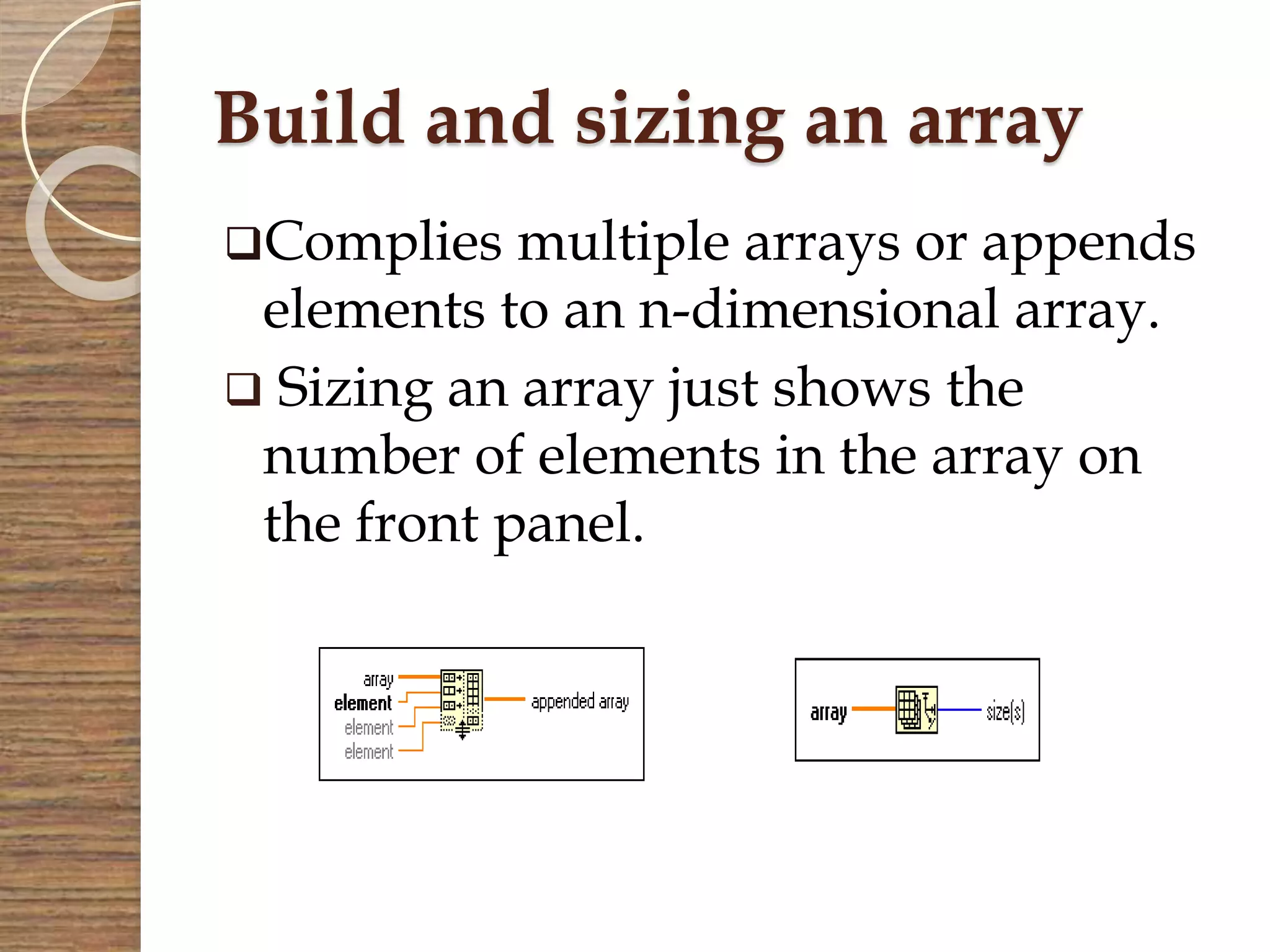 Build and sizing an array
Complies multiple arrays or appends
elements to an n-dimensional array.
 Sizing an array just shows the
number of elements in the array on
the front panel.
 