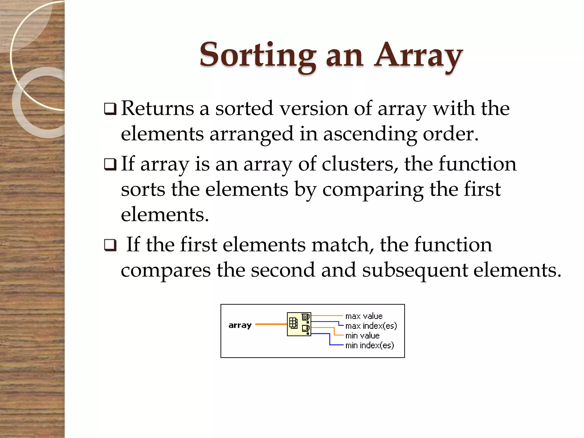 Sorting an Array
 Returns a sorted version of array with the
elements arranged in ascending order.
 If array is an array of clusters, the function
sorts the elements by comparing the first
elements.
 If the first elements match, the function
compares the second and subsequent elements.
 
