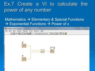 Ex.7 Create a VI to calculate the
power of any number
Mathematics  Elementary & Special Functions
 Exponential Functions  Power of x
 