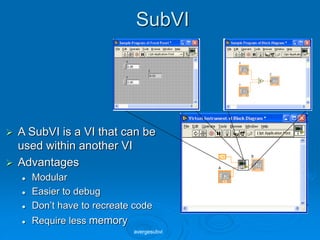 SubVI
 A SubVI is a VI that can be
used within another VI
 Advantages
 Modular
 Easier to debug
 Don’t have to recreate code
 Require less memory
avergesubvi
 