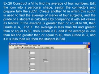 Ex.26 Construct a VI to find the average of four numbers. Edit
the icon into a particular shape, assign the connectors and
prepare fully the subVI. Create another VI in which this subVI
is used to find the average of marks of four subjects, and the
grade of a student is calculated by comparing it with set values
as follows: If the average is greater than or equal to 90, then
Grade is A, and if the average is less than 90 and greater
than or equal to 60, then Grade is B, and if the average is less
than 60 and greater than or equal to 40, then Grade is C, and
if it is less than 40, then the student is Fail.
 