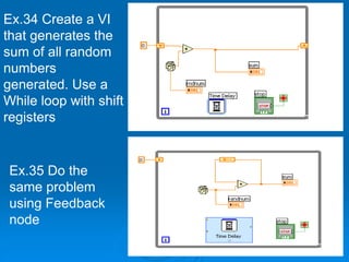 Ex.34 Create a VI
that generates the
sum of all random
numbers
generated. Use a
While loop with shift
registers
Ex.35 Do the
same problem
using Feedback
node
 