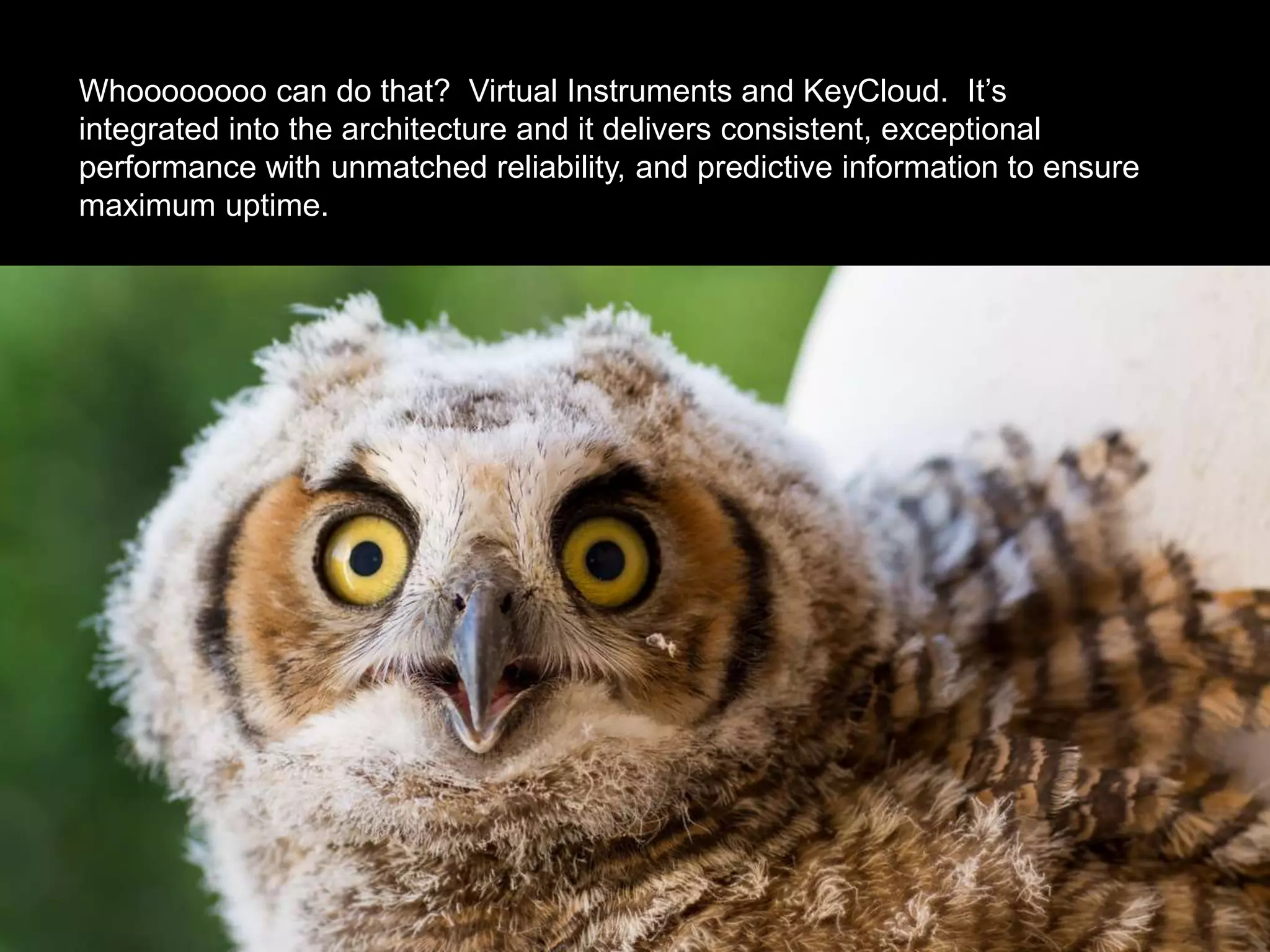 Whoooooooo can do that? Virtual Instruments and KeyCloud. It’s
integrated into the architecture and it delivers consistent, exceptional
performance with unmatched reliability, and predictive information to ensure
maximum uptime.