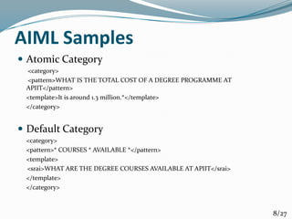 AIML Samples
 Atomic Category
<category>
<pattern>WHAT IS THE TOTAL COST OF A DEGREE PROGRAMME AT
APIIT</pattern>
<template>It is around 1.3 million.*</template>
</category>
 Default Category
<category>
<pattern>* COURSES * AVAILABLE *</pattern>
<template>
<srai>WHAT ARE THE DEGREE COURSES AVAILABLE AT APIIT</srai>
</template>
</category>
8/27
 
