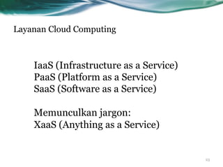 Layanan Cloud Computing
IaaS (Infrastructure as a Service)
PaaS (Platform as a Service)
SaaS (Software as a Service)
Memunculkan jargon:
XaaS (Anything as a Service)
23
 