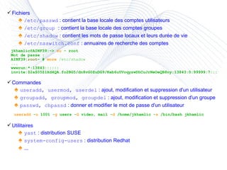 Fichiers ♠  /etc/passwd  : contient la base locale des comptes utilisateurs ♠  /etc/group  : contient la base locale des comptes groupes ♠  /etc/shadow  : contient les mots de passe locaux et leurs durée de vie ♠  /etc/nsswitch.conf  : annuaires de recherche des comptes Commandes ♠  useradd, usermod, userdel  : ajout, modification et suppression d'un utilisateur ♠  groupadd, groupmod, groupdel  : ajout, modification et suppression d'un groupe ♠  passwd, chpassd  : donner et modifier le mot de passe d'un utilisateur Utilitaires ♠  yast  : distribution SUSE ♠  system-config-users  : distribution Redhat ♠  ... jkhamlic@AINF39:~>  su  - root Mot de passe : AINF39: root ~ #  more   /etc/shadow ... wwwrun:*:13843:::::: invite:$2a$05$lXd4QA.fo2BG5/dn8vG0ZuDG9/Keb6uUVoqyzwDhCuJrNeOeQB8ny:13843:0:99999:7::: useradd  - u  1001 - g  users - G  video, mail - d  /home/jkhamlic - s  /bin/bash jkhamlic  