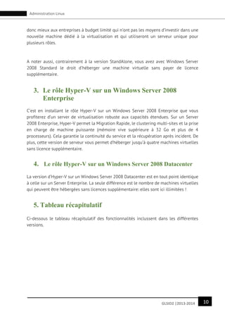 10GLSID2 |2013-2014
Administration Linux
donc mieux aux entreprises à budget limité qui n’ont pas les moyens d’investir dans une
nouvelle machine dédié à la virtualisation et qui utiliseront un serveur unique pour
plusieurs rôles.
A noter aussi, contrairement à la version StandAlone, vous avez avec Windows Server
2008 Standard le droit d’héberger une machine virtuelle sans payer de licence
supplémentaire.
3. Le rôle Hyper-V sur un Windows Server 2008
Enterprise
C’est en installant le rôle Hyper-V sur un Windows Server 2008 Enterprise que vous
profiterez d’un server de virtualisation robuste aux capacités étendues. Sur un Server
2008 Enterprise, Hyper-V permet la Migration Rapide, le clustering multi-sites et la prise
en charge de machine puissante (mémoire vive supérieure à 32 Go et plus de 4
processeurs). Cela garantie la continuité du service et la récupération après incident. De
plus, cette version de serveur vous permet d’héberger jusqu’à quatre machines virtuelles
sans licence supplémentaire.
4. Le rôle Hyper-V sur un Windows Server 2008 Datacenter
La version d’Hyper-V sur un Windows Server 2008 Datacenter est en tout point identique
à celle sur un Server Enterprise. La seule différence est le nombre de machines virtuelles
qui peuvent être hébergées sans licences supplémentaire: elles sont ici illimitées !
5. Tableau récapitulatif
Ci-dessous le tableau récapitulatif des fonctionnalités inclussent dans les différentes
versions.
 