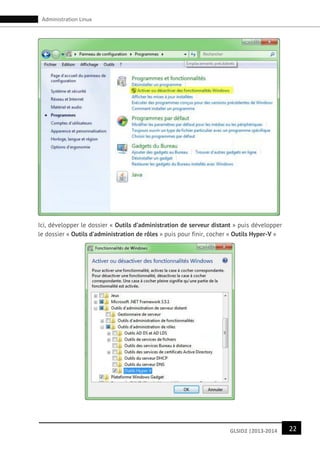 22GLSID2 |2013-2014
Administration Linux
Ici, développer le dossier « Outils d’administration de serveur distant » puis développer
le dossier « Outils d’administration de rôles » puis pour finir, cocher « Outils Hyper-V »
 