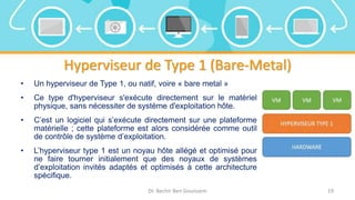 Hyperviseur de Type 1 (Bare-Metal)
• Un hyperviseur de Type 1, ou natif, voire « bare metal »
• Ce type d'hyperviseur s'exécute directement sur le matériel
physique, sans nécessiter de système d'exploitation hôte.
• C’est un logiciel qui s’exécute directement sur une plateforme
matérielle ; cette plateforme est alors considérée comme outil
de contrôle de système d’exploitation.
• L’hyperviseur type 1 est un noyau hôte allégé et optimisé pour
ne faire tourner initialement que des noyaux de systèmes
d’exploitation invités adaptés et optimisés à cette architecture
spécifique.
Dr. Bechir Ben Gouissem 19
 