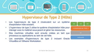 Hyperviseur de Type 2 (Hôte)
• Les hyperviseurs de type 2 s'exécutent sur un système
d'exploitation hôte existant.
• L'hyperviseur de type 2 utilise le système d'exploitation hôte pour
interagir avec le matériel sous-jacent et gérer les ressources.
• Des machines virtuelles sont ensuite créées en tant que
processus ou applications au sein de cet hôte.
• Les exemples d'hyperviseurs de type 2 incluent Oracle
VirtualBox et VMware Workstation.
Dr. Bechir Ben Gouissem 21
 
