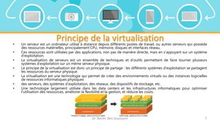 Principe de la virtualisation
• Un serveur est un ordinateur utilisé à distance depuis différents postes de travail, ou autres serveurs qui possède
des ressources matérielles, principalement CPU, mémoire, disques et interfaces réseau.
• Ces ressources sont utilisées par des applications, non pas de manière directe, mais en s’appuyant sur un système
d’exploitation.
• La virtualisation de serveurs est un ensemble de techniques et d’outils permettant de faire tourner plusieurs
systèmes d’exploitation sur un même serveur physique.
• Le principe de la virtualisation est donc un principe de partage : les différents systèmes d’exploitation se partagent
les ressources du serveur physique.
• La virtualisation est une technologie qui permet de créer des environnements virtuels ou des instances logicielles
de ressources informatiques physiques
• des serveurs, des systèmes d'exploitation, des réseaux, des dispositifs de stockage, etc.
• Une technologie largement utilisée dans les data centers et les infrastructures informatiques pour optimiser
l'utilisation des ressources, améliorer la flexibilité et la gestion, et réduire les coûts.
Dr. Bechir Ben Gouissem 7
 