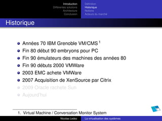 Introduction   Déﬁnition
                       Différentes solutions   Historique
                                Architecture   Notions
                                 Conclusion    Acteurs du marché


Historique


      Années 70 IBM Grenoble VM/CMS 1
      Fin 80 début 90 embryons pour PC
      Fin 90 émulateurs des machines des années 80
      Fin 90 débuts 2000 VMWare
      2003 EMC achete VMWare
      2007 Acquisition de XenSource par Citrix
      2009 Oracle rachete Sun
      Aujourd’hui


    1. Virtual Machine / Conversation Monitor System
                             Nicolas Ledez     La virtualisation des systèmes
 