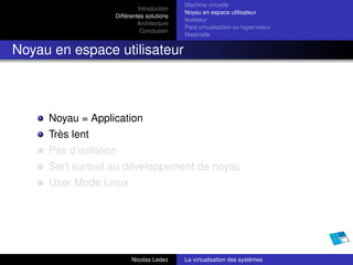 Machine virtuelle
                            Introduction
                                           Noyau en espace utilisateur
                   Différentes solutions
                                           Isolateur
                            Architecture
                                           Para virtualisation ou hyperviseur
                             Conclusion
                                           Matérielle


Noyau en espace utilisateur



     Noyau = Application
     Très lent
     Pas d’isolation
     Sert surtout au développement de noyau
     User Mode Linux




                         Nicolas Ledez     La virtualisation des systèmes
 