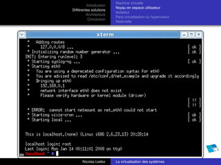 Machine virtuelle
         Introduction
                        Noyau en espace utilisateur
Différentes solutions
                        Isolateur
         Architecture
                        Para virtualisation ou hyperviseur
          Conclusion
                        Matérielle




      Nicolas Ledez     La virtualisation des systèmes
 