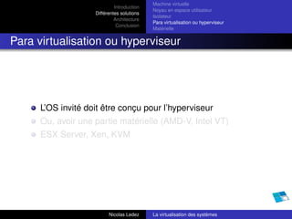 Machine virtuelle
                             Introduction
                                            Noyau en espace utilisateur
                    Différentes solutions
                                            Isolateur
                             Architecture
                                            Para virtualisation ou hyperviseur
                              Conclusion
                                            Matérielle


Para virtualisation ou hyperviseur




      L’OS invité doit être conçu pour l’hyperviseur
      Ou, avoir une partie matérielle (AMD-V, Intel VT)
      ESX Server, Xen, KVM




                          Nicolas Ledez     La virtualisation des systèmes
 