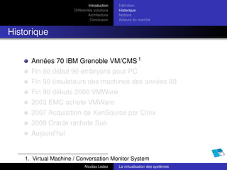 Introduction   Déﬁnition
                       Différentes solutions   Historique
                                Architecture   Notions
                                 Conclusion    Acteurs du marché


Historique


      Années 70 IBM Grenoble VM/CMS 1
      Fin 80 début 90 embryons pour PC
      Fin 90 émulateurs des machines des années 80
      Fin 90 débuts 2000 VMWare
      2003 EMC achete VMWare
      2007 Acquisition de XenSource par Citrix
      2009 Oracle rachete Sun
      Aujourd’hui


    1. Virtual Machine / Conversation Monitor System
                             Nicolas Ledez     La virtualisation des systèmes
 