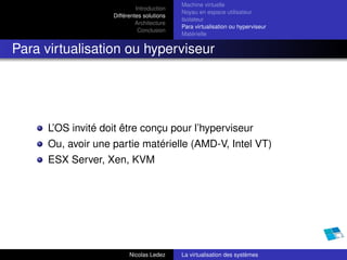 Machine virtuelle
                             Introduction
                                            Noyau en espace utilisateur
                    Différentes solutions
                                            Isolateur
                             Architecture
                                            Para virtualisation ou hyperviseur
                              Conclusion
                                            Matérielle


Para virtualisation ou hyperviseur




      L’OS invité doit être conçu pour l’hyperviseur
      Ou, avoir une partie matérielle (AMD-V, Intel VT)
      ESX Server, Xen, KVM




                          Nicolas Ledez     La virtualisation des systèmes
 