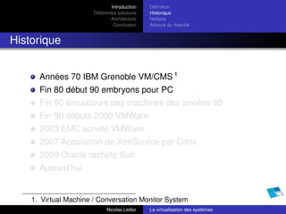 Introduction   Déﬁnition
                       Différentes solutions   Historique
                                Architecture   Notions
                                 Conclusion    Acteurs du marché


Historique


      Années 70 IBM Grenoble VM/CMS 1
      Fin 80 début 90 embryons pour PC
      Fin 90 émulateurs des machines des années 80
      Fin 90 débuts 2000 VMWare
      2003 EMC achete VMWare
      2007 Acquisition de XenSource par Citrix
      2009 Oracle rachete Sun
      Aujourd’hui


    1. Virtual Machine / Conversation Monitor System
                             Nicolas Ledez     La virtualisation des systèmes
 