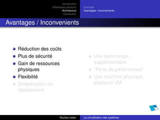 Introduction
                       Différentes solutions   Exemple
                                Architecture   Avantages / Inconvenients
                                 Conclusion


Avantages / Inconvenients



    Réduction des coûts
    Plus de sécurité                                   Une technologie
    Gain de ressources                                 supplémentaire
    physiques                                          "Perte de performance"
    Flexibilité                                        Une machine physique,
    Simpliﬁcation du                                   plusieurs VM
    déploiement




                             Nicolas Ledez     La virtualisation des systèmes
 