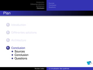Introduction
                                              Sources
                      Différentes solutions
                                              Conclusion
                               Architecture
                                              Questions
                                Conclusion


Plan


  1    Introduction

  2    Différentes solutions

  3    Architecture

  4    Conclusion
         Sources
         Conclusion
         Questions


                            Nicolas Ledez     La virtualisation des systèmes
 